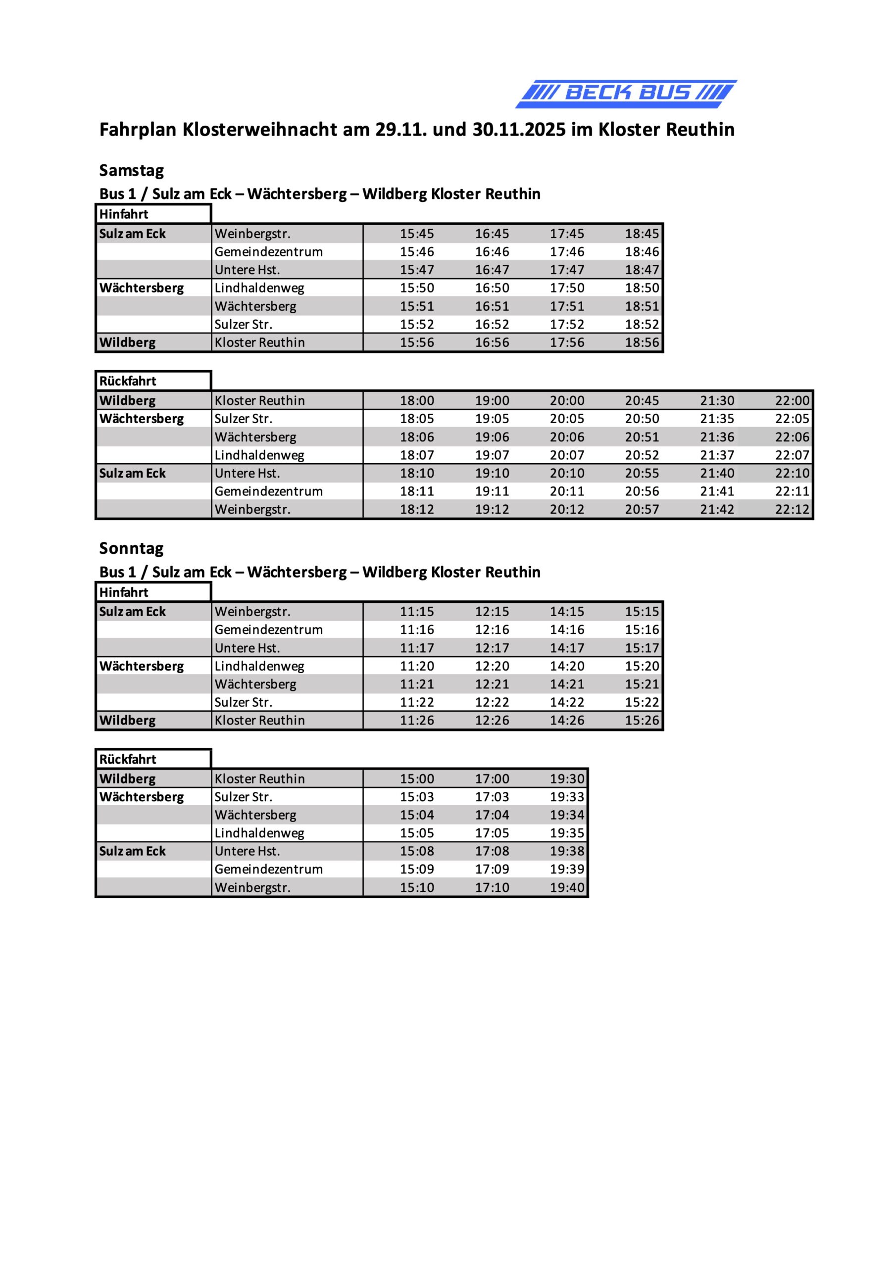 Fahrplan Klosterweihnacht Wildberg 2025 Sulz