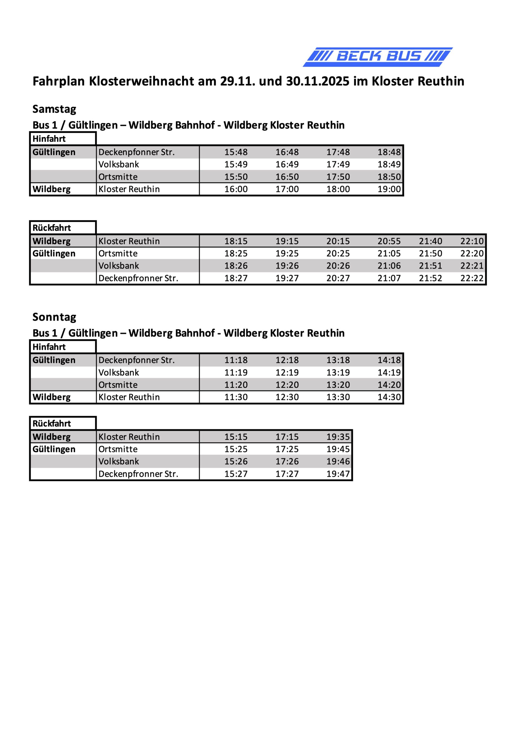 Fahrplan Klosterweihnacht Wildberg Gültlingen 2025